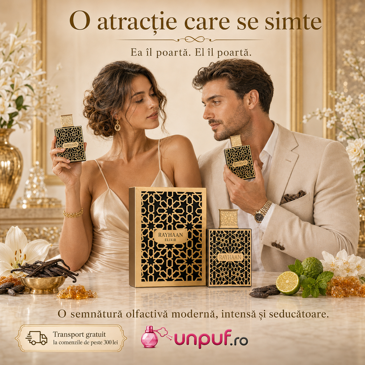 Prezentare parfum Arăbesc Rayhaan Elixir, design geometric, finisaj premium și ambalaj elegant